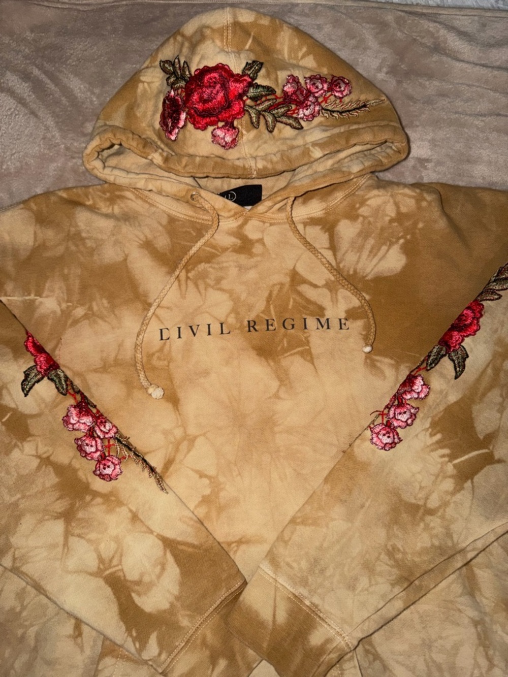 Civil Regime Tan Tie-Dye Hoodie with Red Rose Embroidery